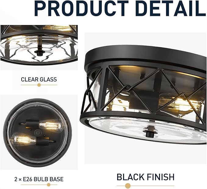 zeyu 2-Light Flush Mount Ceiling Light Fixtures, 12 Inch Lighting Fixture for Kitchen with Clear Glass, Black Ceiling Light, ZY25-F BK