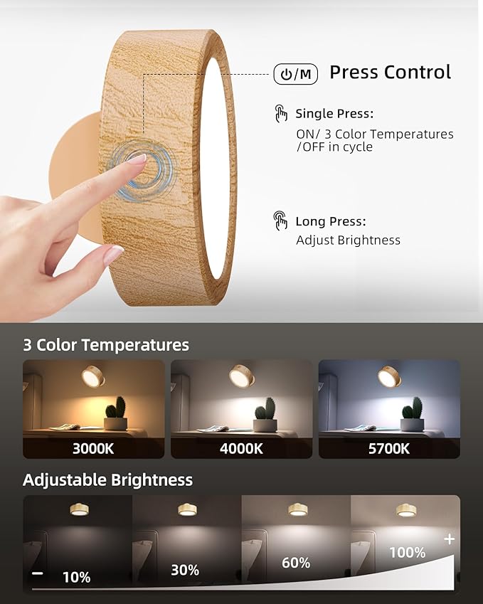 EZVALO LED Wall Mounted Light, 3000mAh Rechargeable Cordless Wall Sconce, Dimmable with Remote & Touch Control, 3 Color Temps, 360° Rotatable for Bedroom, Bedside, Reading(Wood, 2Pack)