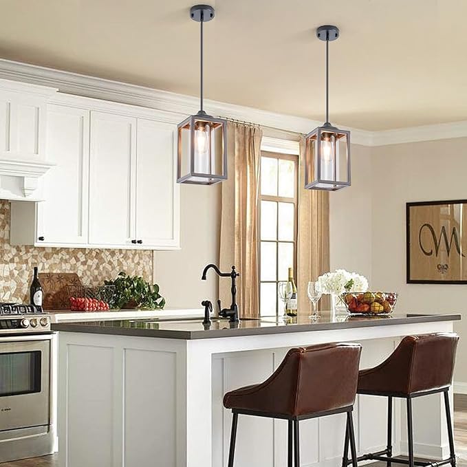 Farmhouse Pendant Light in Wood and Metal Cage, Rustic Pendant Light with Glass, Adjustable Hanging Light Fixtures, Mini Pendant Lighting for Kitchen Island, Hallway, Foyer (Square Brown-1 Pack)