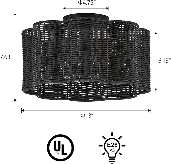 13” Boho Semi Flush Mount Ceiling Light Black Flower Floral Hand Woven Rattan Mini Chandelier for Bedroom Dining Room Kitchen Island Hallway, UL Listed