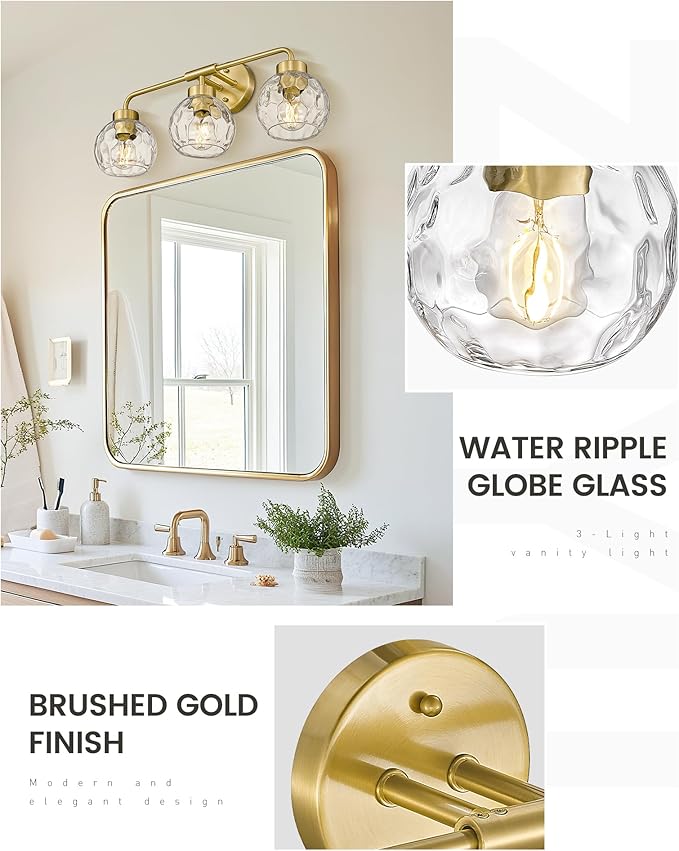 zeyu Modern Bathroom Vanity Light, 23 Inch 3-Light Gold Bathroom Light Fixtures, Water Ripple Globe Glass, Brushed Gold Finish, ZS62BG-3W BG-WG