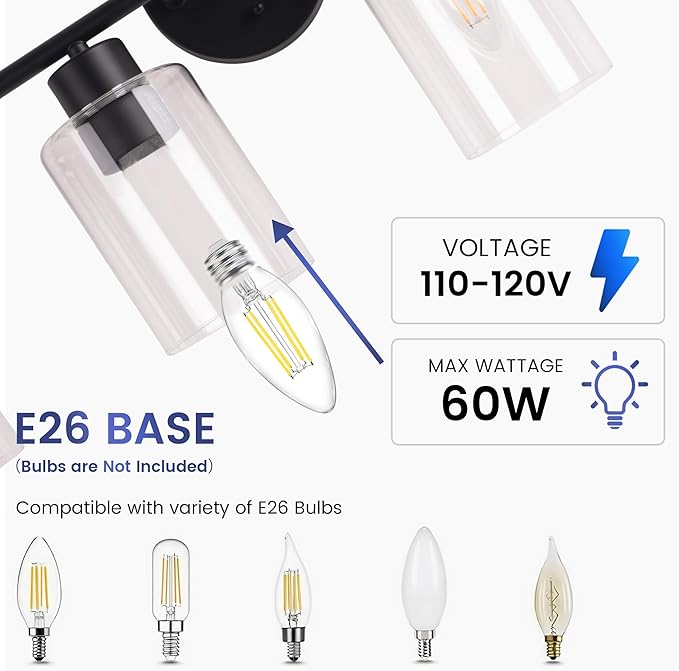 4-Light Bathroom Light Fixtures, Vanity Light with Clear Glass Shades, Matte Black Bathroom Light Fixtures Over Mirror, Modern Bathroom Wall Lamp for Mirror Living Room Cabinet Bedroom Wall Sconces
