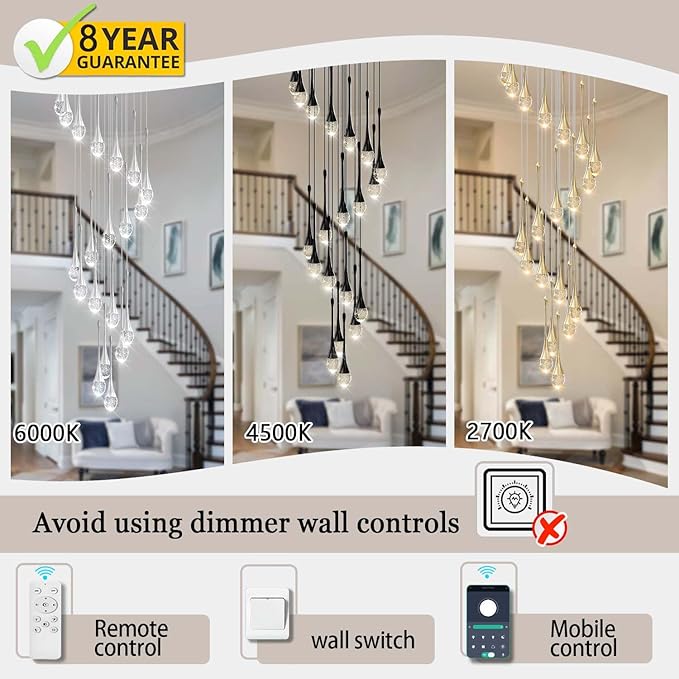 ykolupty 138'' High Ceiling Chandelier for Entryway Gold Raindrop Crystal Chandeliers for Living Room Foyer Staircase Flush Mount Sloping Ceiling Pendant Light Fixture LED Dimming 2700k-6000k