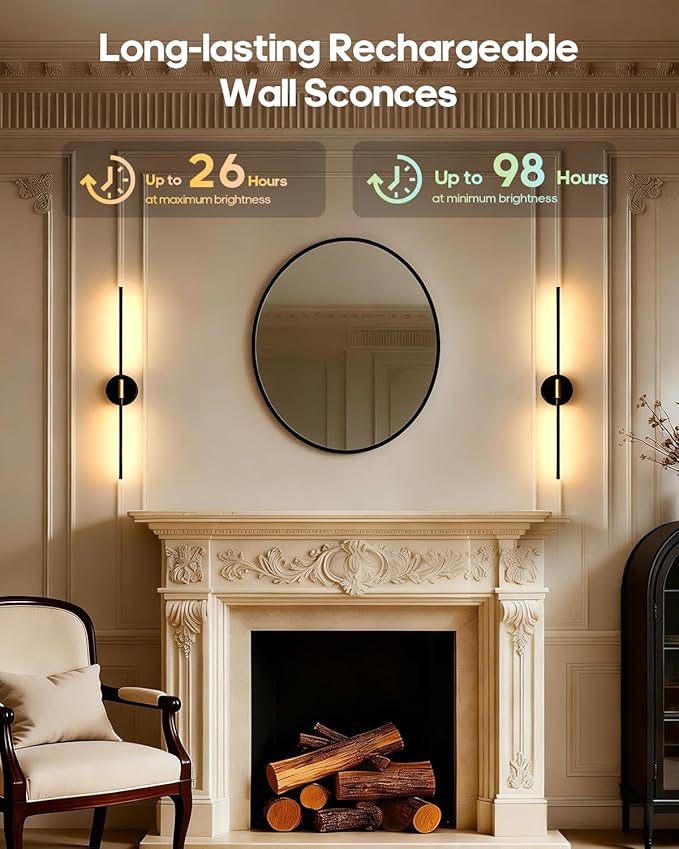 Battery Operated Wall Sconces Set of 2, 360° Rotatable Wall Sconce with Remote, 3000K Dimmable Magnetic Mount Wall Sconces, Rechargeable 28.3inch Wall Lights for Bedroom, Living Room, Dinning Room