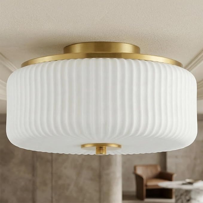 3-Light Gold Flush Mount Ceiling Light, 11.8" Modern Schoolhouse Light Fixtures Ceiling Mount with Ribbed Opal White Glass Shade, Anti-Glare Close to Ceiling Lamp for Bedroom Kitchen Hallway Entryway