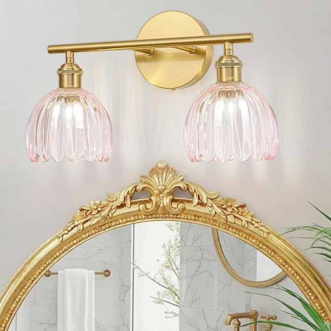 Gold Bathroom Light Fixtures Over Mirror, 2 Light Bathroom Vanity Light Fixture with Tulip Pink Glass Lampshade, Vintage Vanity Lights for Bathroom, Bathroom Vanity Lights Over Mirror