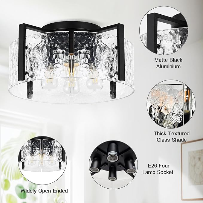 16" Black Semi-Flush Mount Ceiling Light, 4-Light Modern Hammered Glass Drum Fixture, Dimmable E26 Socket, Indoor Lighting for Bedroom Hallway Entryway Kitchen Foyer Living Room Laundry Decor