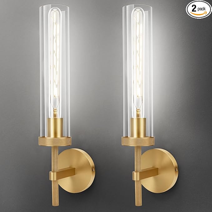 Brass Wall Sconces Set of Two with White Lights, 19.5'' Brushed Brass Knurled Bathroom Sconces Wall Lighting Vanity Light with Clear Glass for Living Room Mirror Bedroom Stairs