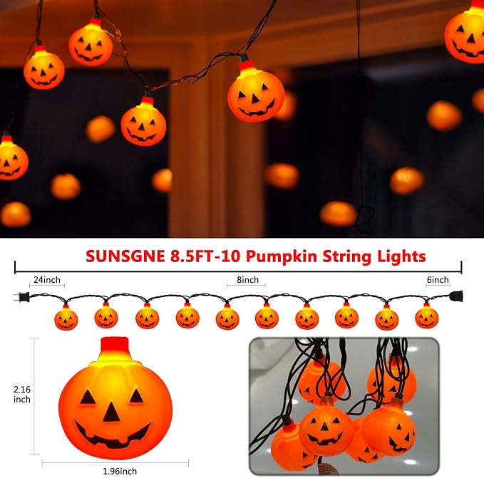SUNSGNE Halloween Pumpkin String Lights 8.5ft Orange Hanging Decorative String Light with 10 Round Pumpkin Lights for Indoor Outdoor Halloween Party Thanksgiving Day Decor