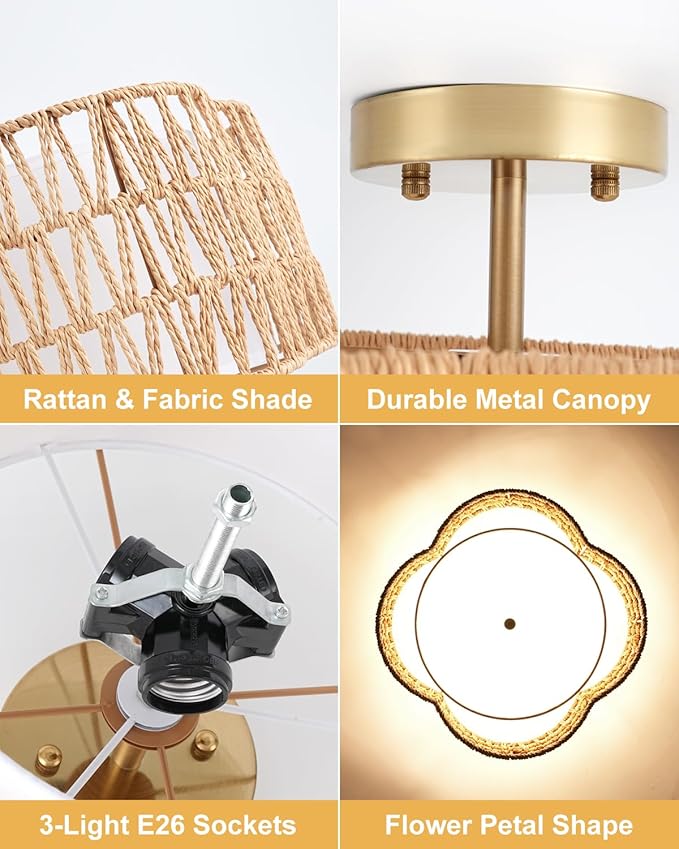 WILON Rattan Flush Mount Ceiling Light, 3-Light Boho Light Fixture with Fabric Shade, Woven Wicker Semi Flush Mount Light Fixture for Hallway Entryway Nursery Bedroom Kitchen Laundry Room