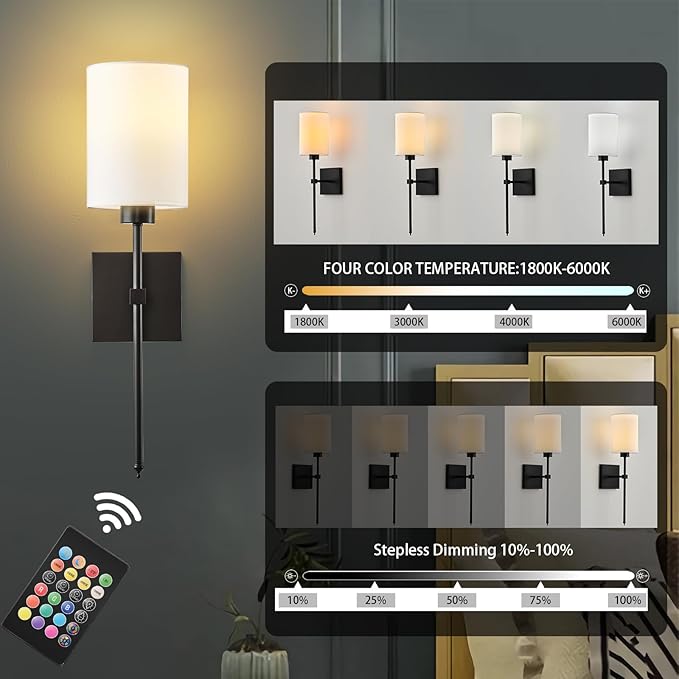 KARTOOSH Battery Operated Wall Sconce Set of Two, Wireless Rechargeable Wall Light with Remote Control, Dimmable, 4 Color Temperatures, RGB, Timer, for Living Room,Bedroom,Entryway, Black, 20.6 Inch