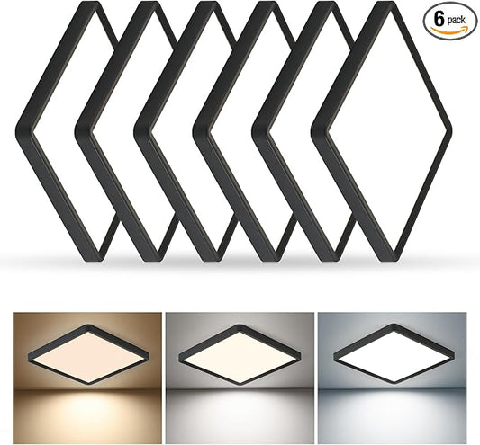 12 Inch 6PK Square LED Flush Mount Ceiling Light, 30W, 3000LM 3000K/4000K/6000K CCT Selectable, Square LED Flat Panel Ceiling Light Fixture for Bedroom,Kitchen,Living Room (Black)