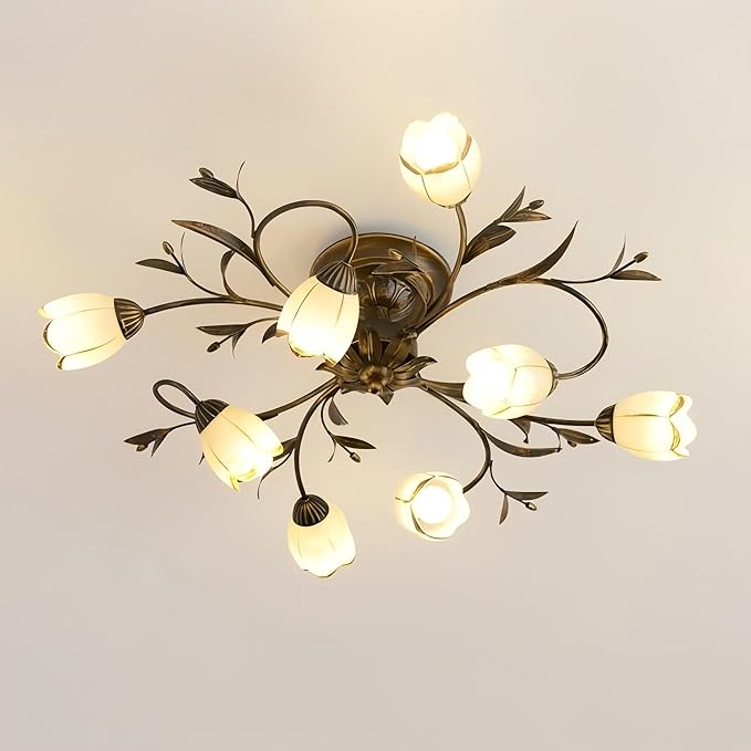 31.5 Inch 8-Lights Branch Shaped Ceiling Lights, Creative Retro Style Flower Vine Ceiling Light Fixtures, Country Style Ceiling Lamp for Living Room, Bedroom, Kitchen, Study Room