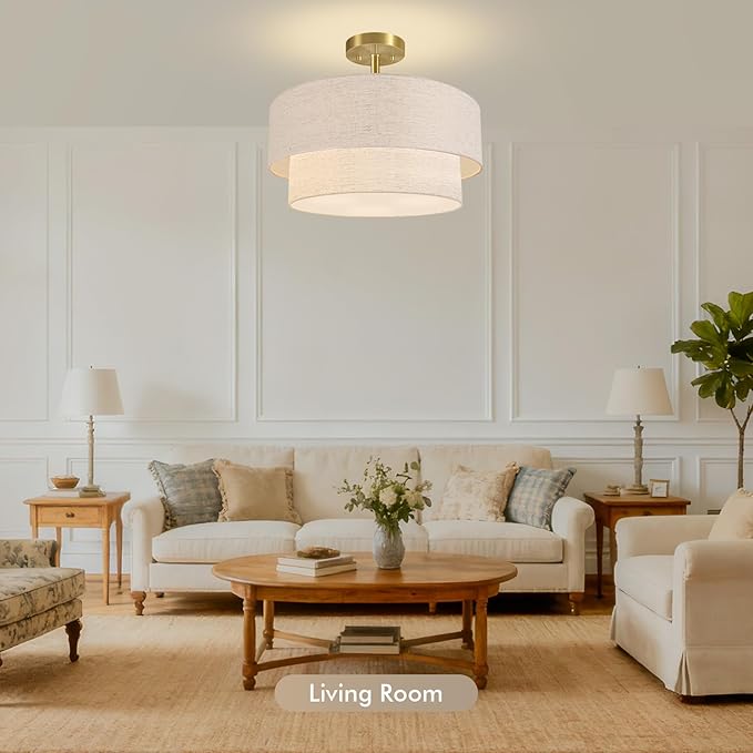 16.5'' Semi Flush Mount Ceiling Light, 3-Light Gold Ceiling Light Fixtures, Farmhouse Close to Ceiling Light with Linen Shade, Modern Drum Ceiling Light for Living Room/Hallway/Bedroom/Dining Room