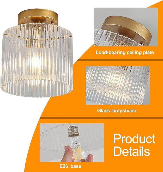 Modern Semi Flush Mount Ceiling Light, Industrial Clear Glass Ceiling Light Fixture, Crystal Ceiling Lamp, Modern Ceiling Lamps, Farmhouse Light for Entryway Hallway Kitchen Dining Room