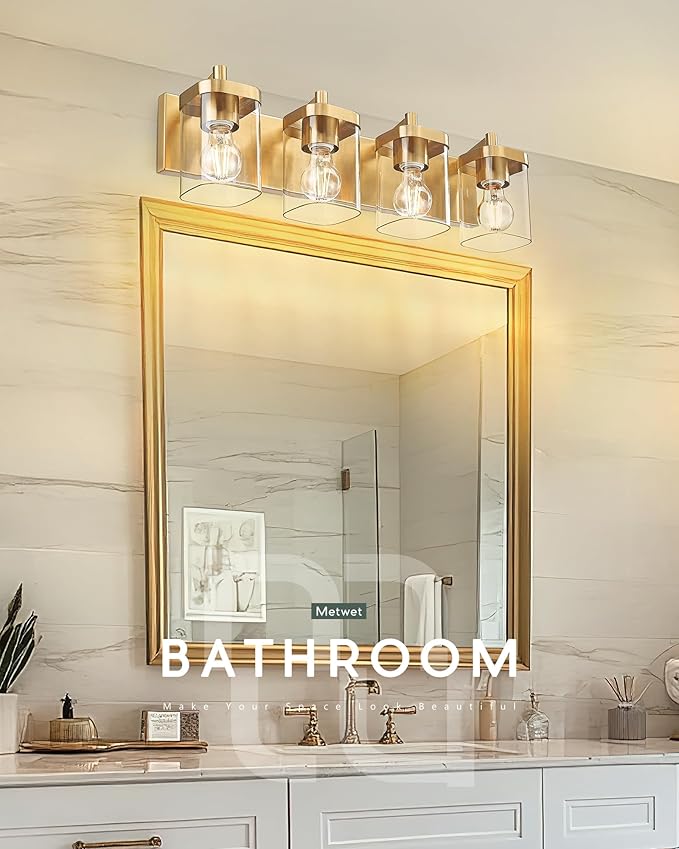 Bathroom Light Fixtures, 25" Brushed Gold Vanity Light, 4-Light Modern Wall Sconces with Square Clear Glass Shade, Vanity Lighting Fixtures Over Mirror, VL194-BG-4