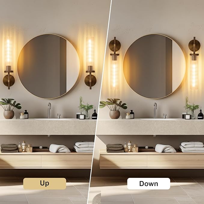 19.5" Knurled Bronze Hardwired Wall Sconces Set of 2, Bathroom Vanity Light Fixtures with Vertical Striped Glass Tube, Modern Lamp for Bedroom, Living Room, Hallway, Staircase, Mirror, Kitchen