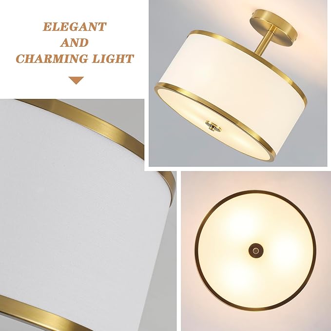 BUXVRCS Semi Flush Mount Ceiling Light Fixture, 3-Light Drum Lighting Fixtures, Hallway Light Fixture Ceiling Mount with Fabric Shade, Close to Ceiling Light for Bedroom Bathroom (Gold)