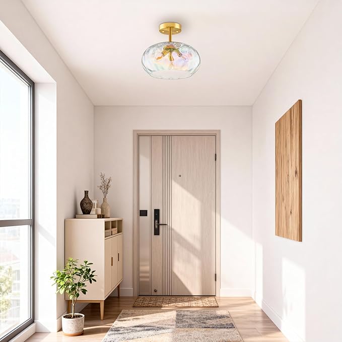 14'' Semi Flush Mount Ceiling Light, 3-Light Iridescent Glass Shade, Brass Indoor Vintage Ceiling Light Fixture for Entryway, Bedroom, Kitchen, Living Room, Hallway, Farmhouse Bulbs Not Included