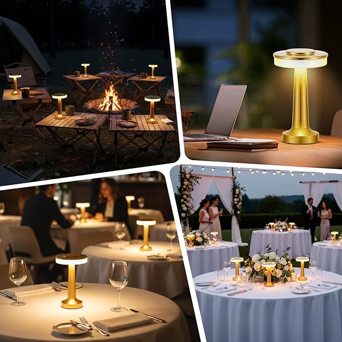 Riakrum 2 Pcs LED Portable Cordless Table Lamp with Touch Sensor 3 Color Stepless Dimming Rechargeable Battery up to 15 Hours Cordless Table Light Wireless Lamp for Nursery (Gold)