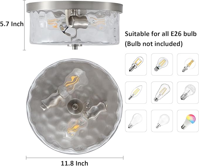 Hammered Glass Brushed Nickel Flush Mount Ceiling Light,2-Lights Modern Farmhouse Ceiling Lighting Fixture for Kitchen Hallway Bedroom,Indoor Antique Foyer Light