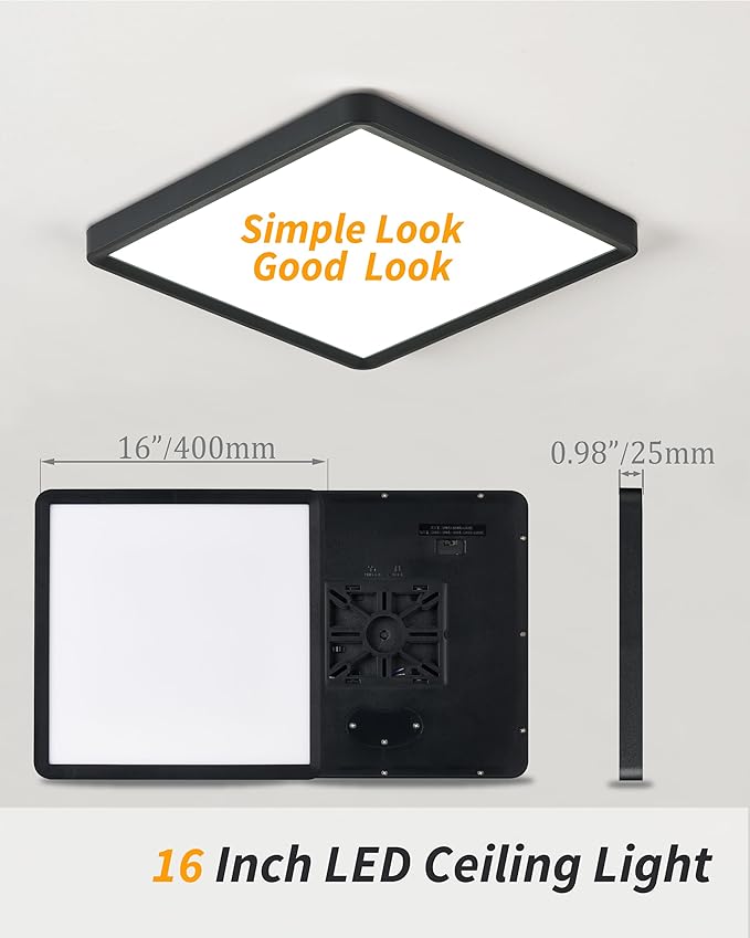 Square Led Flush Mount Ceiling Light,16 Inch 40w 3820lm led Light 3000k,4000k,6000k CCT Selectable,Flat Panel Super Slim Led Ceiling Light Fixture,for Living Dining Kitchen Bedroom Room (1Pack-Black)