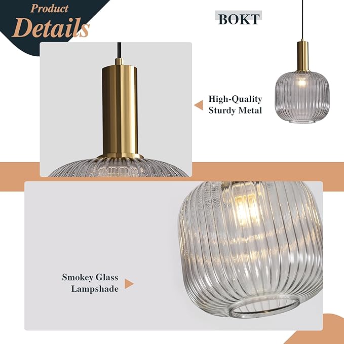BOKT Modern 1-Light Gold Globe Pendant Light Mid Century Smoke Gray Ceiling Pendant Lighting Glass Ball Round Pendant Lamp Single Brushed Brass Pendant Light Fixture Kitchen Island (Smoke Gray)