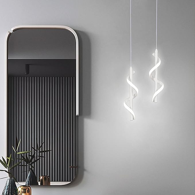 13W Modern Spiral Led Pendant Light Fixture, Cold White 5500K Minimalist Integrated LED Hanging Lamp, Adjustable Hanging Island Light Fixture For Bedroom Living room Kitchen Sink, 1 Pack (White)