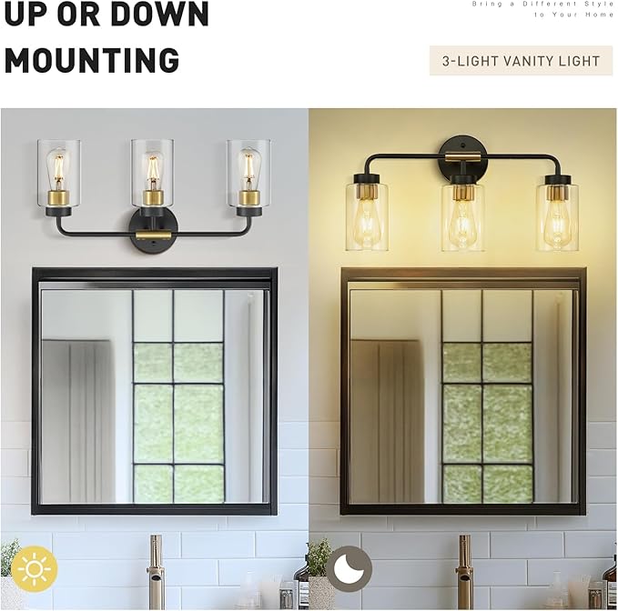 zeyu 3-Light Farmhouse Vanity Lights for Bathroom, 21 Inch Industrial Bath Wall Light Fixtures with Clear Glass Shade, Black and Gold Finish, ZS62B-3W BK+BG