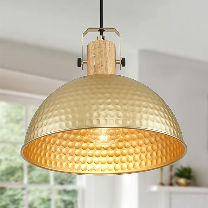 12 Inch Gold Pendant Lights Hammered Matte Pendant Lights for Kitchen Island Industrial Farmhouse Adjustable Height Dome Hanging Light Fixtures for Barn, Dining Room 2 Packs