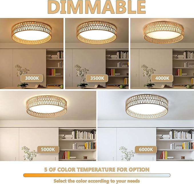 LED Rattan Flush Mount Ceiling Light Fixture, Boho Light Fixtures Ceiling 16.9 inch, 24W Dimmable Rattan Ceiling Light 5CCT 3000K-6000K for Hallway Bedroom Kitchen Entryway Living Room