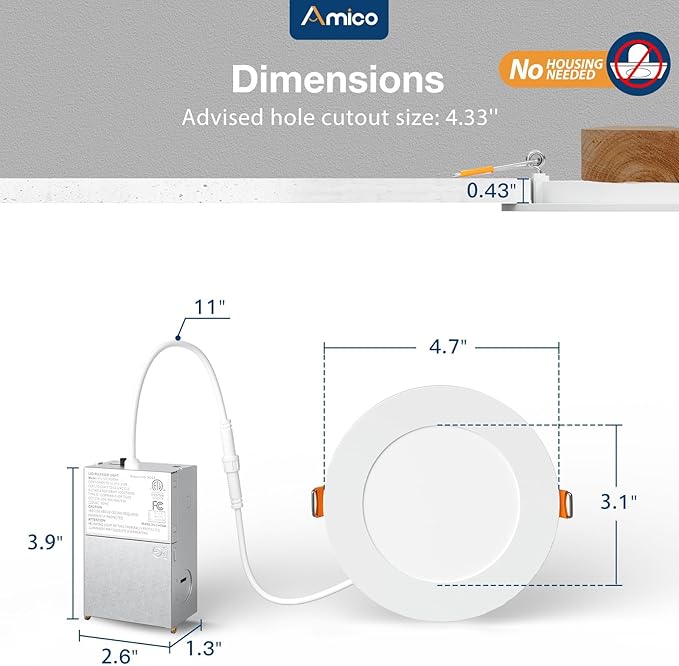 Amico 12 Pack 4 Inch 5CCT Ultra-Thin LED Recessed Dimmable Ceiling Light with Junction Box, 2700K/3000K/3500K/4000K/5000K Selectable, 10W Eqv 60W, 800Lumens, High Brightness Downlight - ETL&FCC