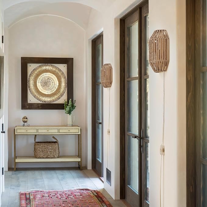 Natural Rattan Plug-in Wall Sconce Set of 2, with Boho Woven Wicker Shade Antique Brass Brush Paint Finish for Vanity Stairway Fireplace Living Room Bedside Passway Hallway