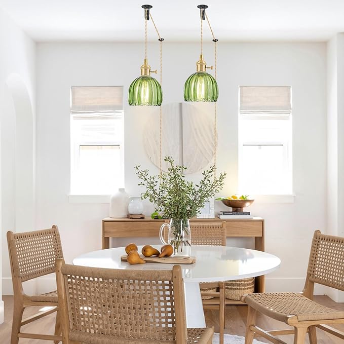 Plug in Pendant Light Fixtures, Hanging Light Fixture Vintage Glass Pendant Light, Mini Green Tulip Hanging Lamp, Pendant Lighting for Kitchen Island, Bedroom, Dining Room, Living Room