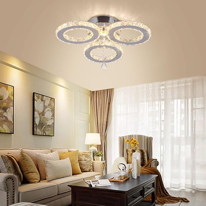 LED Crystal Pendant Ceiling Light 13x3.5 Inches 3 Rings Crystal Chandelier Flush Mount Lighting Fixture for Bedroom Hobby Living Room (Warm White)