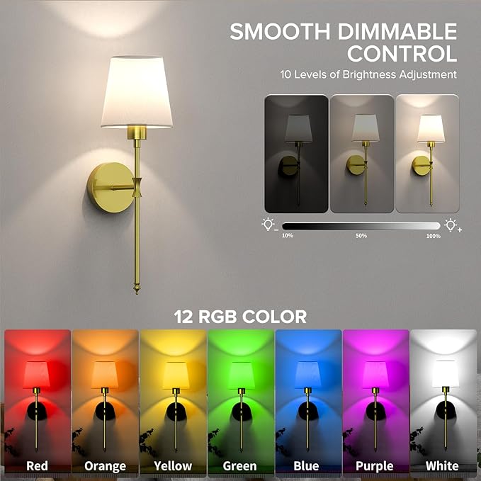 Battery Operated Wall Sconce Set of 2 Rechargeable Wireless Wall Sconces Wall Lamps with Dimmable and Remote, 12 Colors Wall Lights with RGB Bulb for Bedroom Living Room Hallway Decor(Golden)