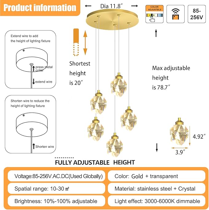 5-Light Gold Crystal Drop Pendant Light, Kitchen Island Hanging Light Fixtures, Modern Solid Clear Crystal Chandelier for Dining Room Living Room Foyer