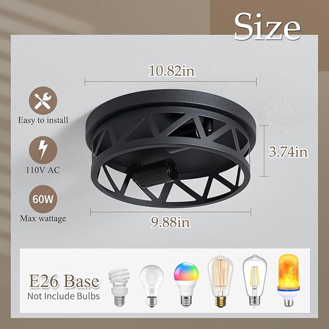 Black Flush Mount Ceiling Light Fixture,2-Light Hallway Light Fixtures Ceiling,Light Fixtures Ceiling Mount for Hall,Kitchen,Farmhouse (2 Pack)