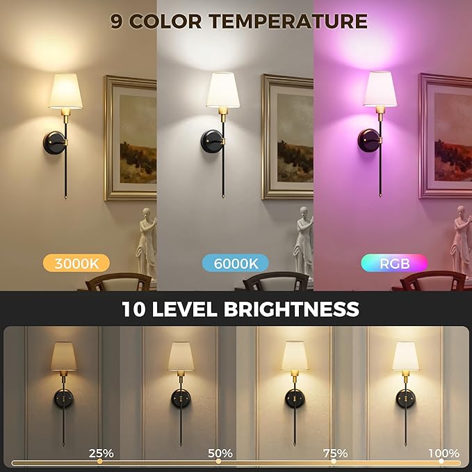 DORESshop Battery Operated Wall Sconce Set of 2, Wireless Wall Light Easy to Install, 7 Color Rechargeable Wall Sconces, Sconce Wall Decor Set of 2 for Bedroom, Living Room, Gold and Black, 24.6in