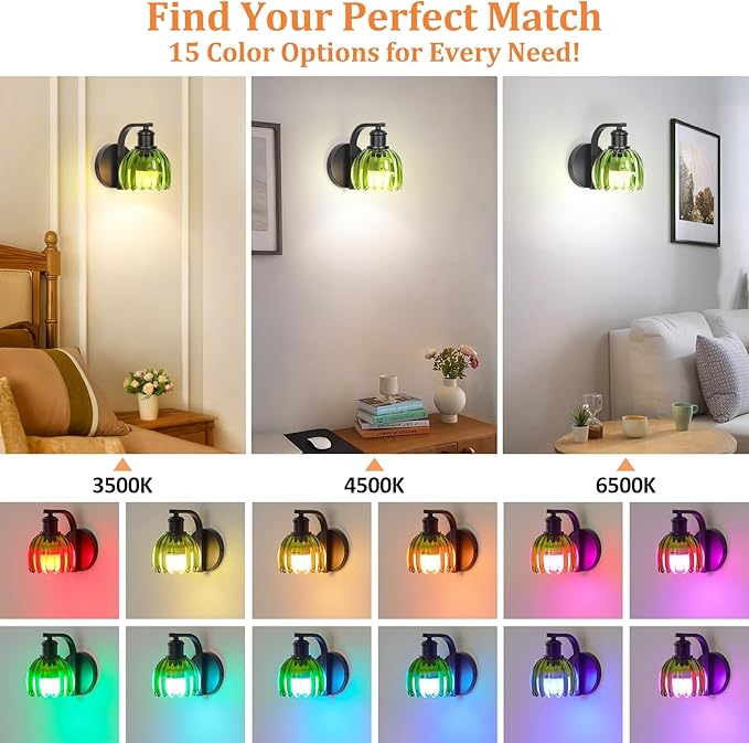 VerRon Rechargeable Battery Operated Wall Sconce with Green Glass Lampshade, Wireless Wall Scone Decor with Remote Control, 15 Colors Black Wall Light for Bedside Hallway Bedroom Doorway