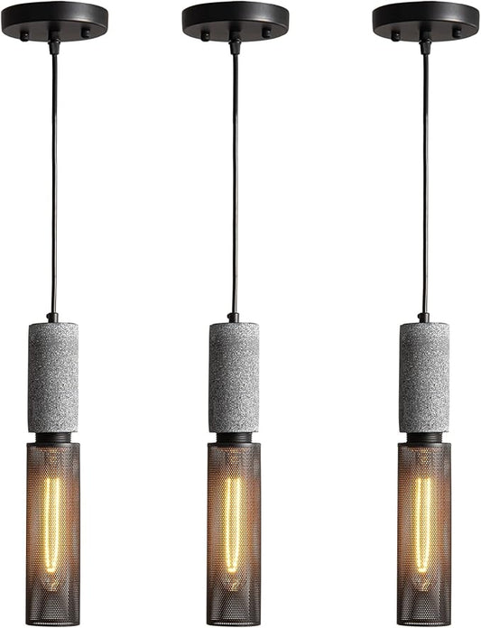 Concrete Linear Pendant Light with a Metal Mesh Shade,Modern Industrial Hanging Cement Pendant Lighting Fixture for Kitchen Island Dinning Room Bedroom(Black 3-Pack)