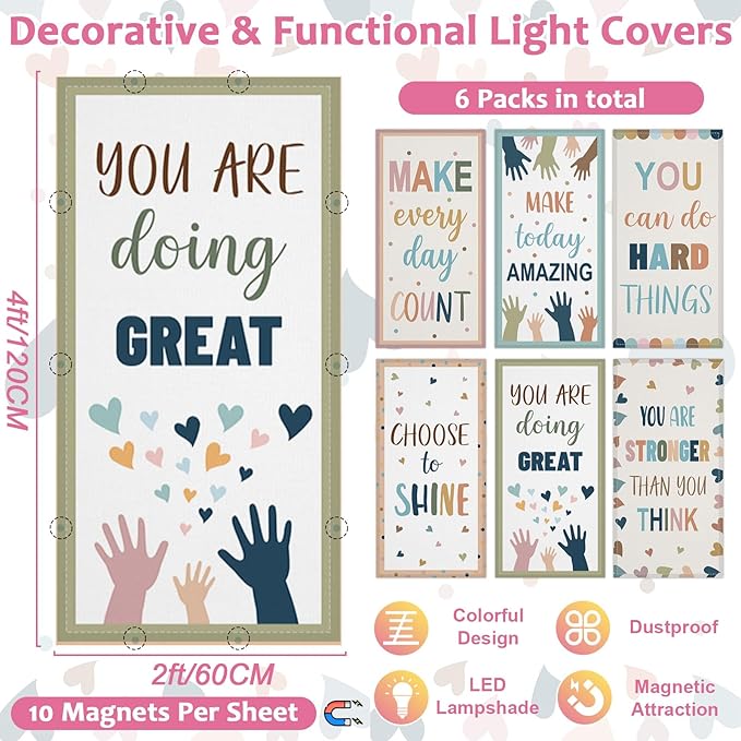 QOUBAI 6 Pcs Fluorescent Light Covers,4 x 2 Ft Magnetic Light Filters Motivational Fluorescent Lights Shade Easy Install for Classroom Office Library Hospital Home Ceiling Boho dot