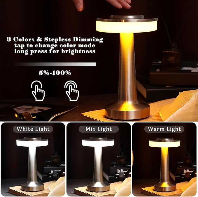 Riakrum 4 Pcs LED Portable Cordless Table Lamp with Touch Sensor 3 Color Stepless Dimming Rechargeable Battery up to 15 Hours Cordless Table Light Wireless Lamp for Nursery (Silver)
