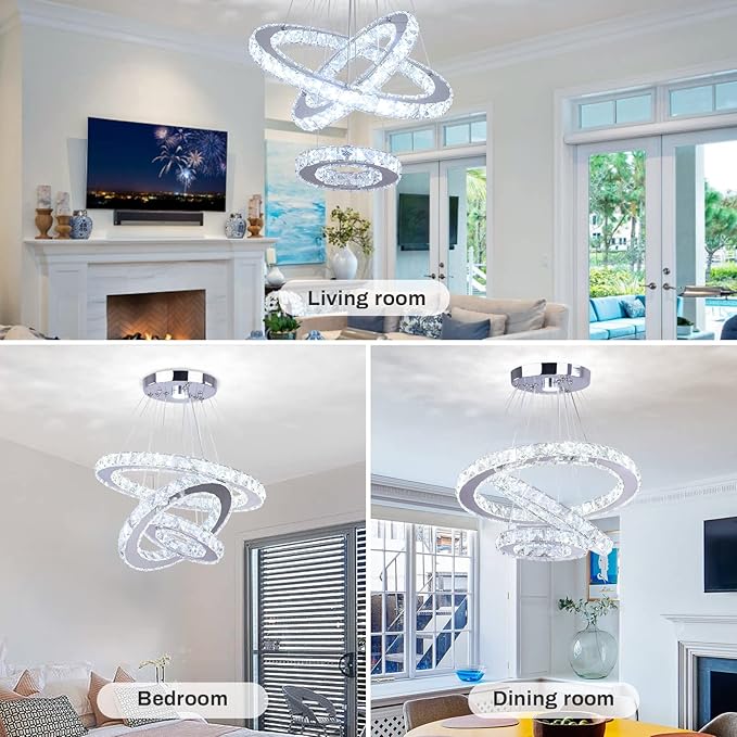 Modern Crystal Chandeliers 3 Rings Round LED Chandelier Fixtures DIY Pendant Lighting Stainless Steel Adjustable Chandelier Ceiling Light for Dining Room Bedroom Living Room (Cool White)