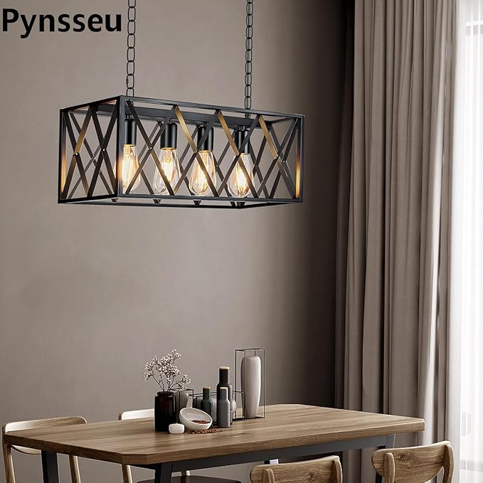 Pynsseu Industrial Kitchen Island Pendant Lighting, Rectangular Vintage Rustic 4-Light Hanging Pendant Light Fixtures for Kitchen Farmhouse, Bar, Dinning Room