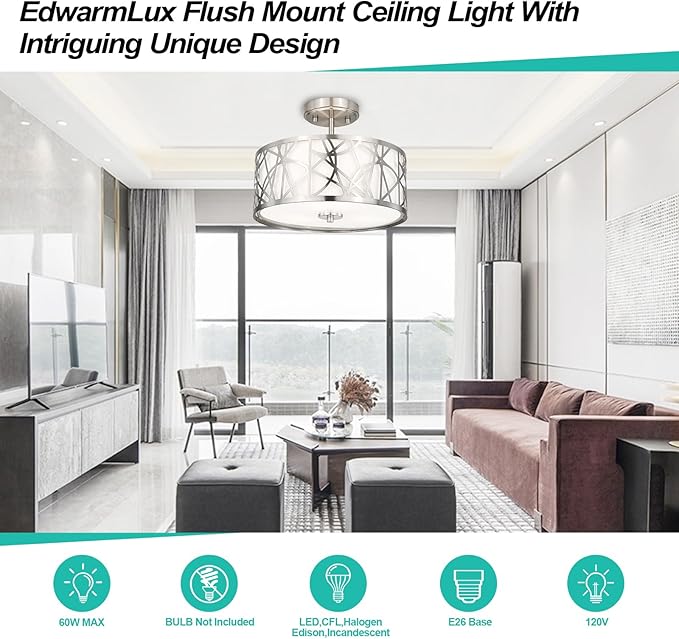 3-Light Semi Flush Mount Ceiling Light, 12.6" Drum Light with White Fabric Shade, Modern Close to Ceiling Lamp for Living Room Bedroom Dining Kitchen Hallway Entry Foyer (Brushed Nickel)