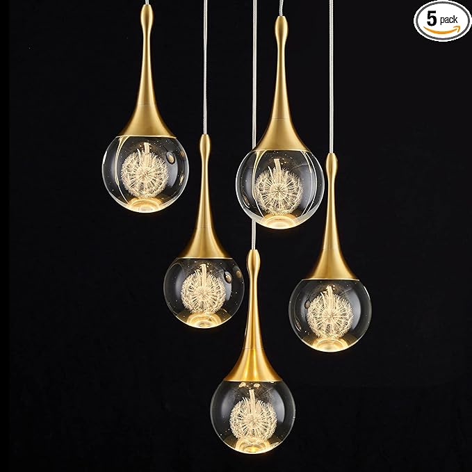 5 Lights Crystal Pendant Light, 25W Gold Dimmable LED Teardrop Cluster Pendant Lighting Fixture for Dining Room Kitchen Living Room Foyer Hallway Bedroom 3000k Warm White