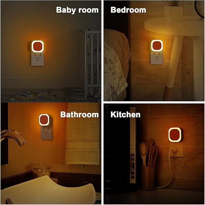 YUNLEX 2 Pack Amber Night Light, Dusk to Dawn Sensor, Warm Glare-Free Reflected Glow, 3-Level Dimmer, Auto On/Off, Plug-in LED Nightlight for Bedroom, Kids, Bathroom, Sleep, Baby Nursery, Toddler