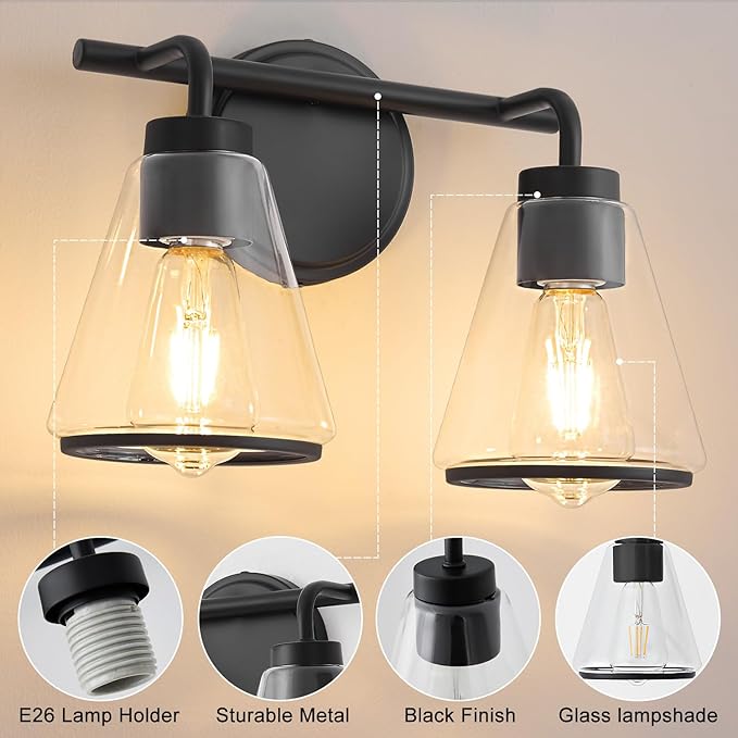 Black Bathroom Vanity Light 2 Lights Bathroom Light Fixtures Over Mirror Vanity Lighting Fixtures with Clear Glass Shade 14 inch Modern Vanity Lights for Bathroom Wall Sconce Lights for Bedroom