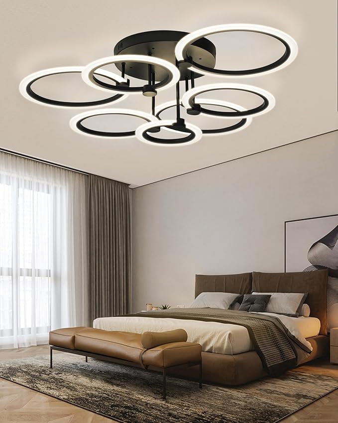 Modern LED Ceiling Light 7 Rings Dimmable Fixtures with Remote Black Close to Ceiling Light 31.8" 130W 3000K-6500K Flush Mount Ceiling Lamp for Living Room,Bedroom,Kitchen